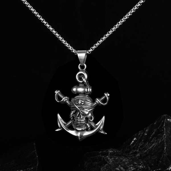 

pendant necklaces 2021 double sword pirate titanium steel necklace square pearl chain retro skull ghost head anchor torque neutral halloween, Silver