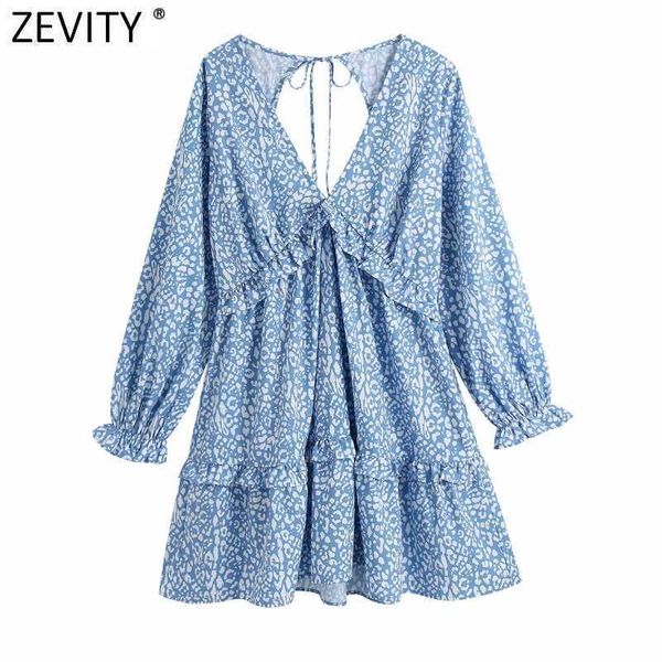 Zevity Frauen sexy tiefe V-Ausschnitt Leopard Print Agaric Spitze Minikleid Weibliche schicke Rückenloch Lässig Slim Rüschen Vestidos DS8199 210603