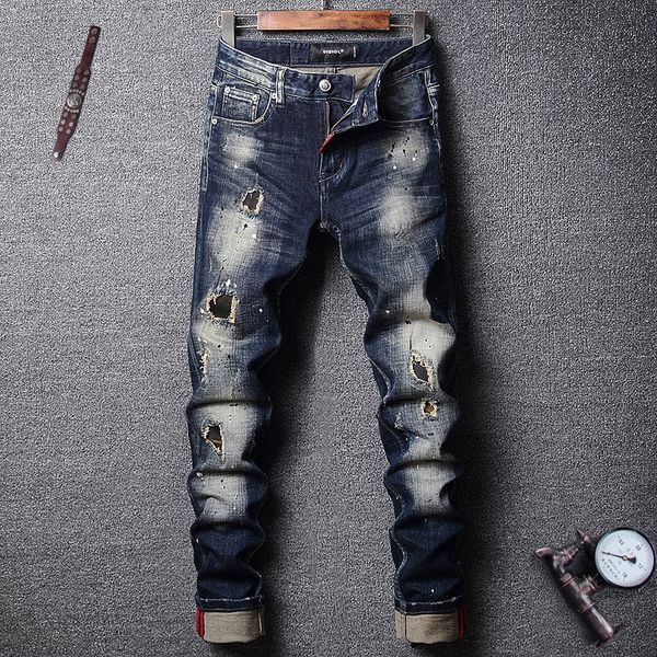 

2021 new fashion streetwear black blue slim men destroyed pants retro hip hop mldw