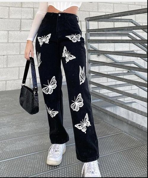 

zipper long wide leg women pants casual high waist trousers butterfly printed elasticity pocket loose straight, Black;white