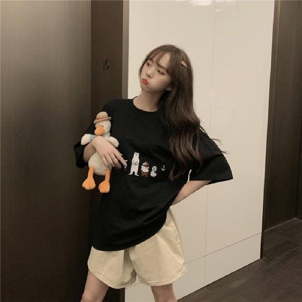 

women's t-shirt 2021 summer cartoon loose embroidery bear ins short sleeve, White