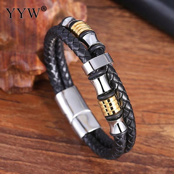

charm bracelets punk men cowhide leather bracelet 2-layer braided rope wrap bangles women wristband vintage jewelry gift, Golden;silver