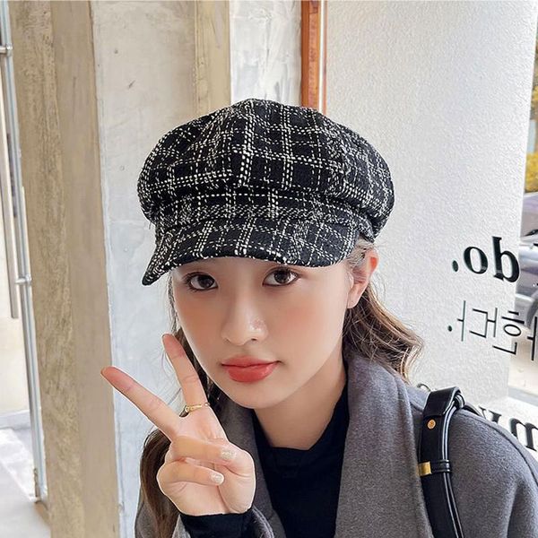 

berets plaid vintage octagonal hat casual winter autumn girl cap panama women wool beret for elegant female cotton painter, Blue;gray