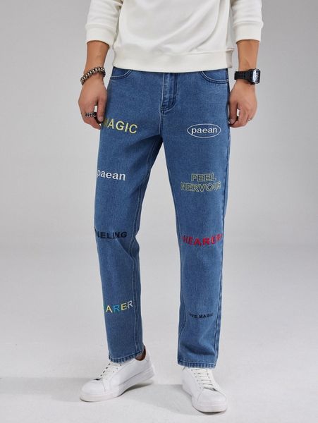 

men letter embroidery zip fly jeans i1hw#, Blue