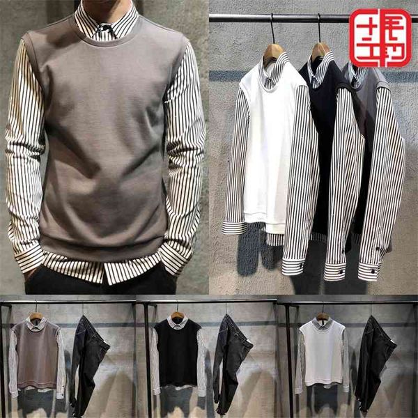 

2020 autumn new men's fake two striped youth fashion shirt splicing personality korean slim, White;black