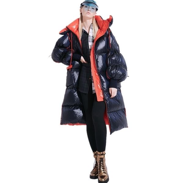 

winter fluffy duck down coat female fashion hit color design longer warm jackets hat detachable hooded thicker warm coat f116 sh190913, Black