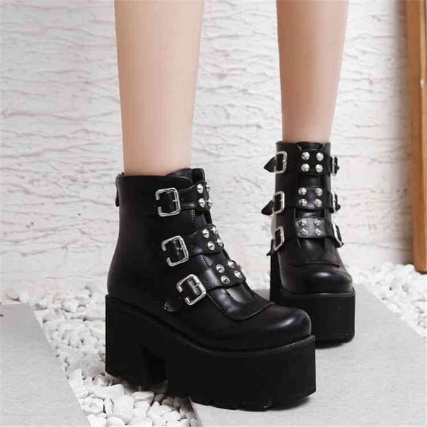 

dress shoes pxelena biker combat boots women platforms chunky block high heel punk gothic rivet buckle ankle military large size 34-45 laaa, Black