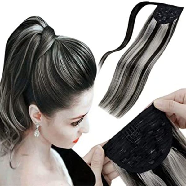 Clip nelle estensioni della coda di cavallo Avvolgere l'argento intorno ai veri capelli umani Off Black Mixed Silver Grey Highlighted Straight Pony Tail Hair Extensio