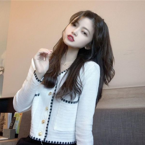 

women's knits & tees long sleeve thin cardigan women 's sweet color matching short in early autumn, White