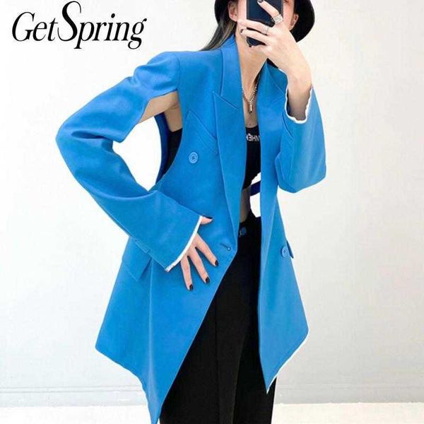 

getspring women blazer hollow out irregular black long suit coats asymmetry vintage casual bandage double breasted 210601, White;black