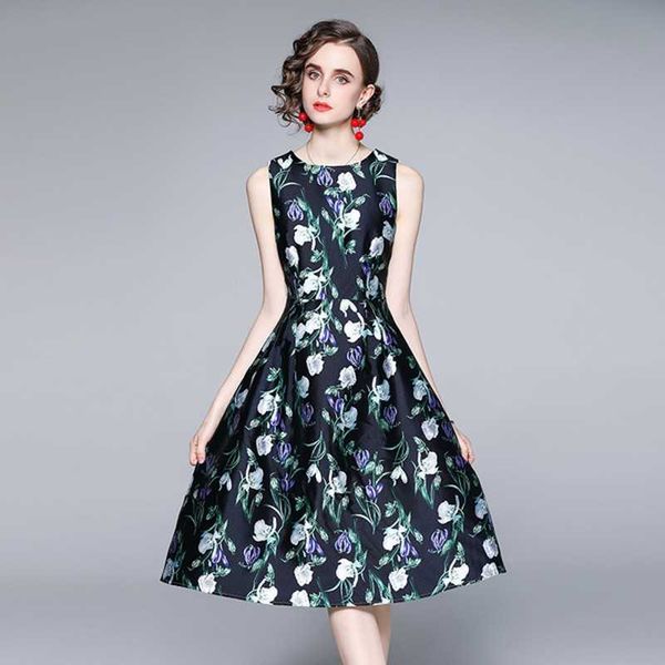 

summer o neck sleeveless printing party dresse slim jacquard work casual dress vestido 210531, Black;gray