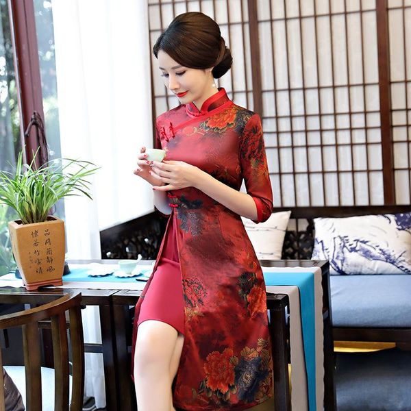 

lady print floral half sleeve cheongsam skirt elegant vintage mandarin collar qipao -4xl wedding party mother chinese dresses, Red
