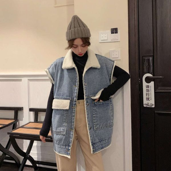 

winter plush thickened denim vest coat women's loose sleeveless thin, White