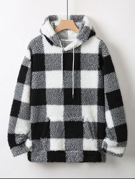 

men buffalo plaid print drawstring fleece hoodie w6p6#, Black