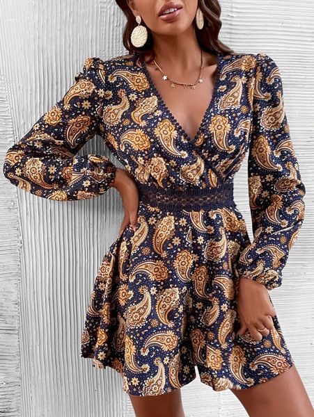 

paisley & floral print guipure lace detail lantern sleeve dress z7td#, White