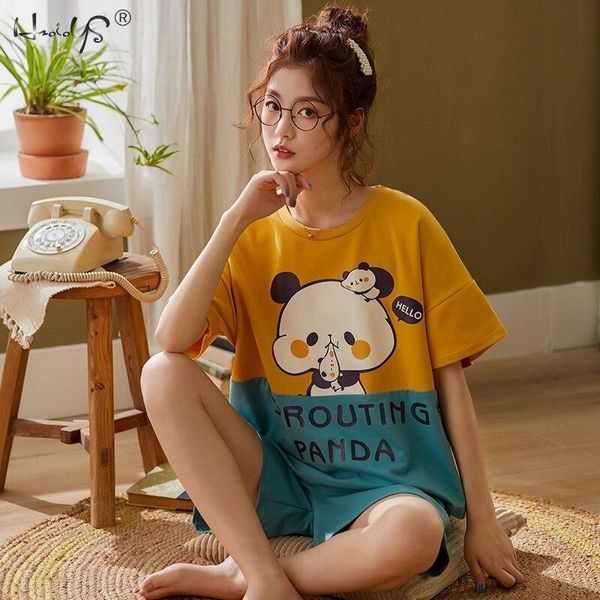 

women's pajama set summer cotton knit nightwear homewear short sleeve sleepwear set cute cartoon lounge wear t-shits nightgowns 210305, Black;red