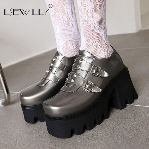

dress shoes lsewilly square toe patent leather big size 43 44 punk goth woman buckle strap platform chunky high heels creepers pumps, Black