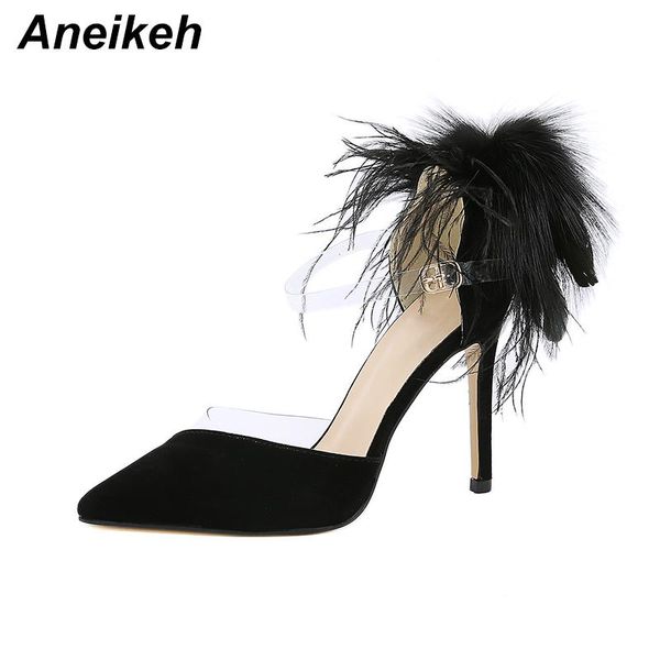 

dress shoes aneikeh 2021 spring fashion buckle strap women two-piece sweet thin heels flock pointed toe casual solid size 35-42, Black