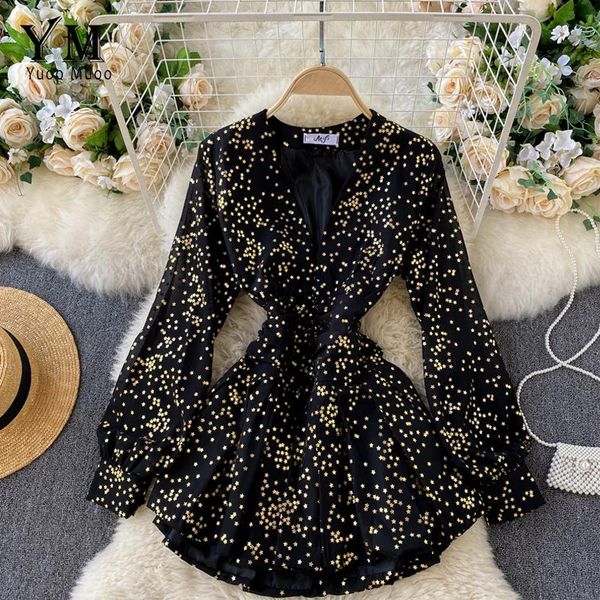 

yuoomuoo ins fashion shining golden stars a-line mini women dress v-neck black short party dress sundress ladies dresses, Black;gray