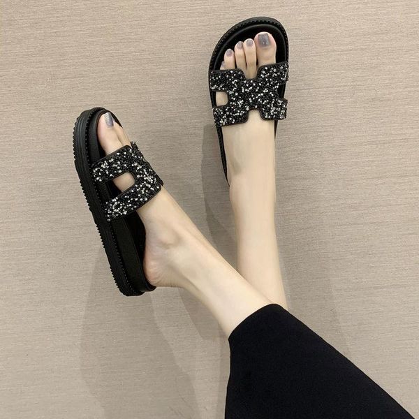 

slippers 2021 summer sandals and slippers, thick-soled sponge cake sole, casual rhinestone all-match fashionable, Black
