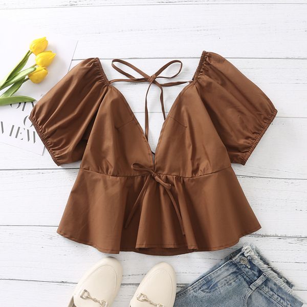 

casual dresses woman brown v neck ruffles short 2021 summer girls y2k slim hollow out female backless beach t-shirt 89m2, Black;gray
