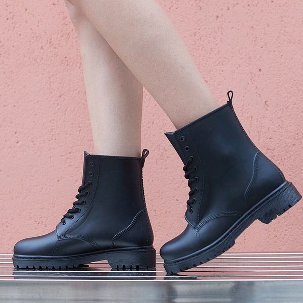 

female fashion dwaterproof rainboots water woman mud rubber shoes lace up to your ankle sewing boots more size 44 ufmr, Black