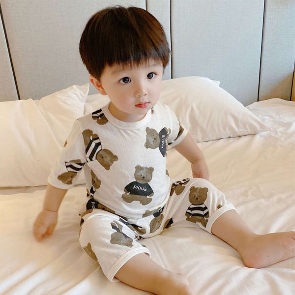 

summer children's medium sleeve pajamas suit breathing cotton baby home thin air conditioning clothes, Blue;red