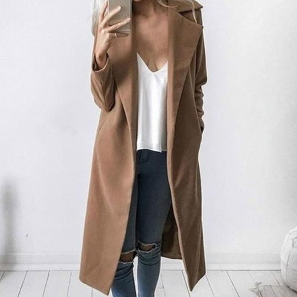

women's wool & blends winter women coat 2021 casual lapel collar open stitch woolen female fashion warm pocket solid plus size long out, Black