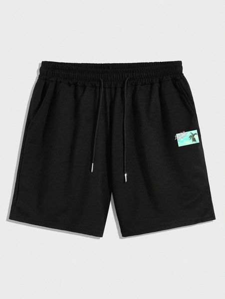 

romwe guys tropical print drawstring shorts w9hd#, Black
