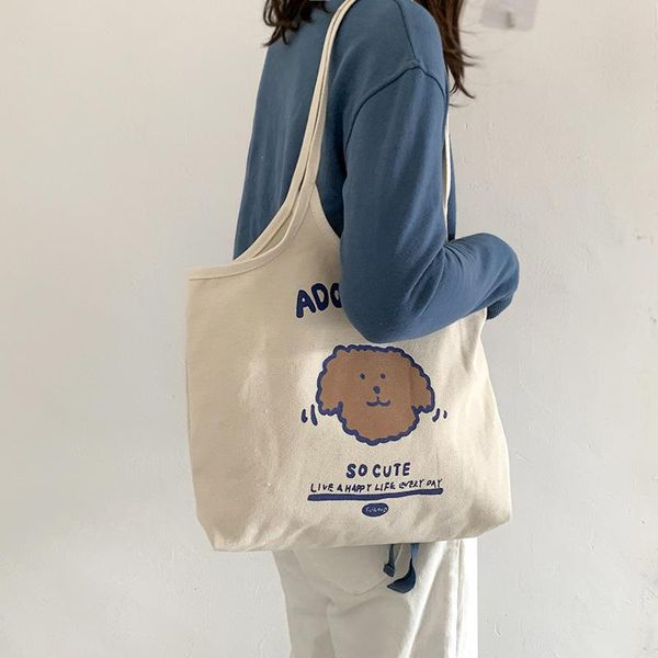

cross body women canvas vest shoulder bags cute cartoon student girls beige cloth handbags large capacity ladies reusable shopping tote bag