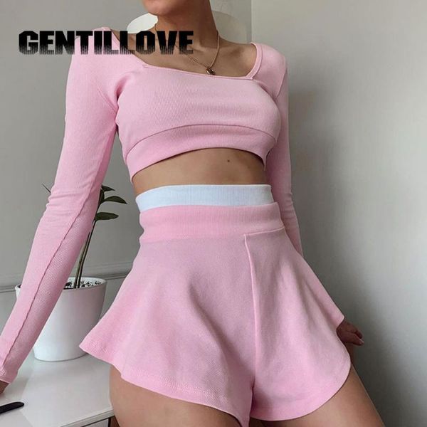 

women's tracksuits patchwork knitted women two piece sets solid o-neck skinny sweet long sleeve t-shirts and high waist short suits sum, Gray