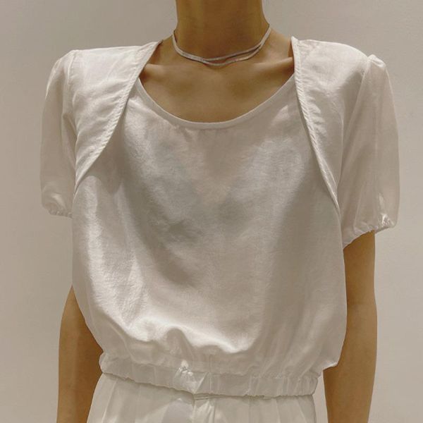 

women's blouses & shirts [ewq] korea chic simple trend women solid color stitching hem elastic fashion loose puff sleeve shirt summer 2, White