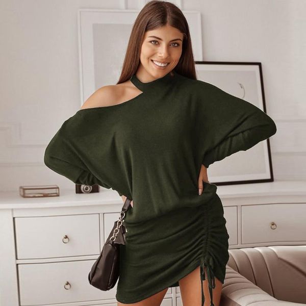 

casual dresses women off shoulder dress solid color round collar batwing sleeves drawstring mini autumn spring female ladies clothes, Black;gray