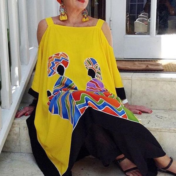 

new 2021 summer vintage batwing sleeve oversize loose beach slash neck party ladies casual print long vestido sccx, Black;gray