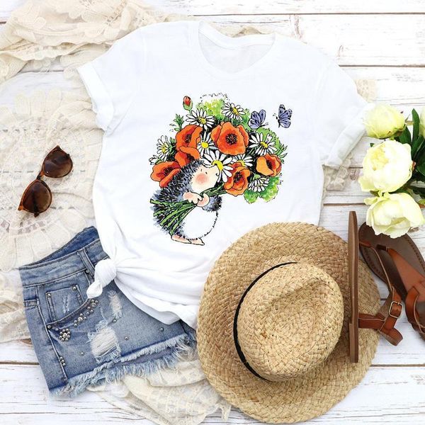 

women graphic flower summer animal short sleeve 90s cartoon fashion tees clothing female print t shirt shirt womens t-shirt, White