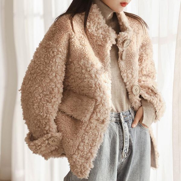 

women's fur & faux menina bonita 2021 fashion luxury winter jacket women real coat knitting wool turn-down collar thick warm outerwear, Black