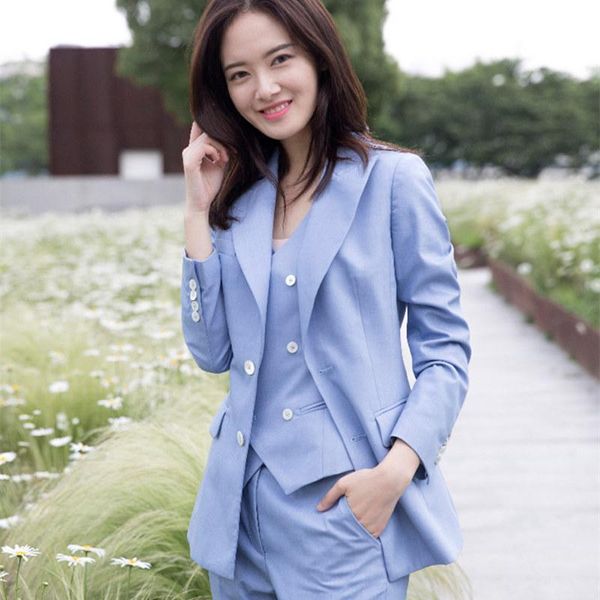 

women's two piece pants 3 set women suits 2021 elegant slim blazer suit+double breasted vest+high waist skinny ankle length outfit sets, White