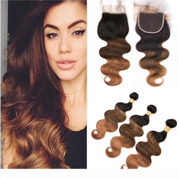 

black brown to auburn 3tone ombre malaysian human hair 3bundles and closure #1b 4 30 ombre body wave weaves with 4x4 lace closure