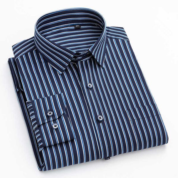 Bambusfaser Herbst Herrenhemden Langarm Vertikalstreifen Linke Tasche Design Business Smooth Standard-Fit Casual Male Camisas 210609