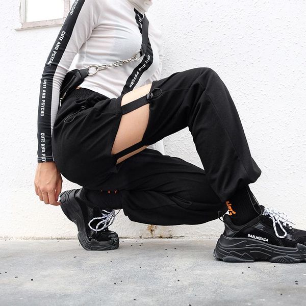 

women's pants & capris high waist cut hole hollow out loose straight drawstring black punk harajuku gothic jogger pant women sweatpant, Black;white
