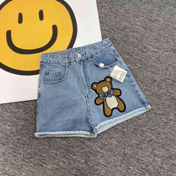 

luxury design fashion mos bear embroidered mid waist denim shorts for women, Blue