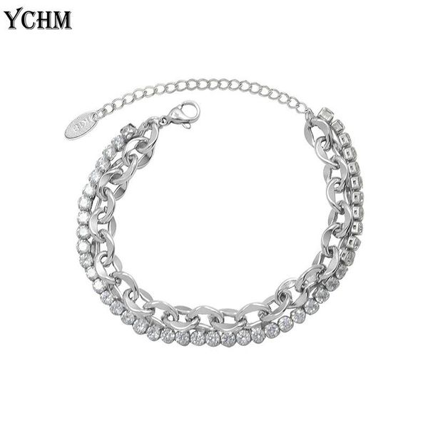 

link, chain stainless steel layered bracelet women shiny iced-out zircon long distance relationship gifts romantic jewelry, Black