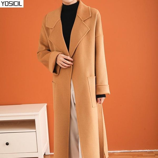 

yosicil elegant light tan autumn winter women coat office lady long sleeve windproof wool coat new fashion windbreaker 2021, Black