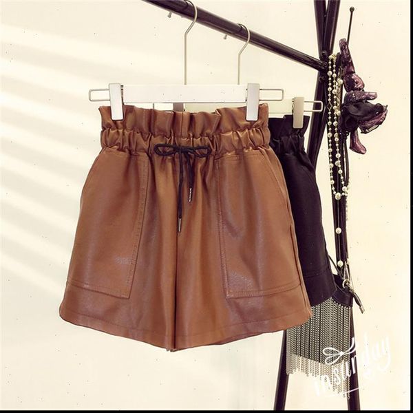 

2021 autumn new korean style female leather shorts high waist loose wide leg short femme elastic waist belt ing, White;black