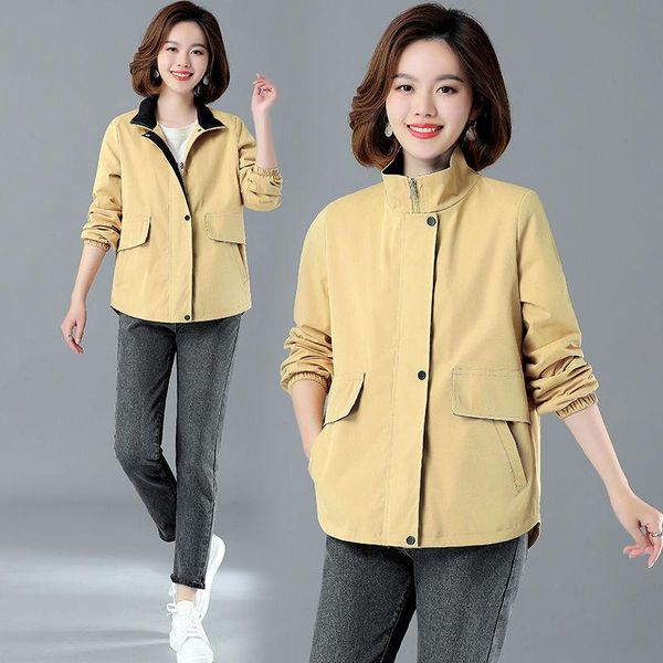 

women's trench coats autumn windbreaker jackt for women casual stand collar pocket zipper windproof coat female warm spring outwear, Tan;black