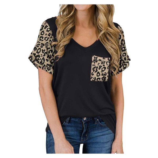 

women's t-shirt office lady leopard print short sleeve shirts with pocket v neck t shirt aesthetic elegant patchwork tshirt, White