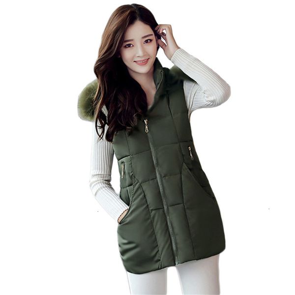 

2021 female vest new korean winter cotton army jacket sweet long letter thin without sleeves fur collar with hoodie jackets 11zj, Black;white
