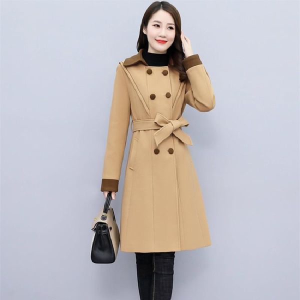 

women's wool & blends 2021 winter cashmere long coat vintage autumn warm woolen black jacket elegant women bodycon party solid outwears