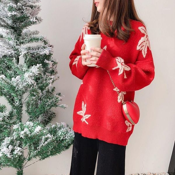 

2019 autumn and winter printing women's sweater loose round neck long section warm sweater pullover sweet1, White;black