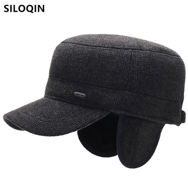 

wide brim hats siloqin winter men's warm plus velvet earmuffs cap military snapback adjustable size bone men flat navy caps, Blue;gray